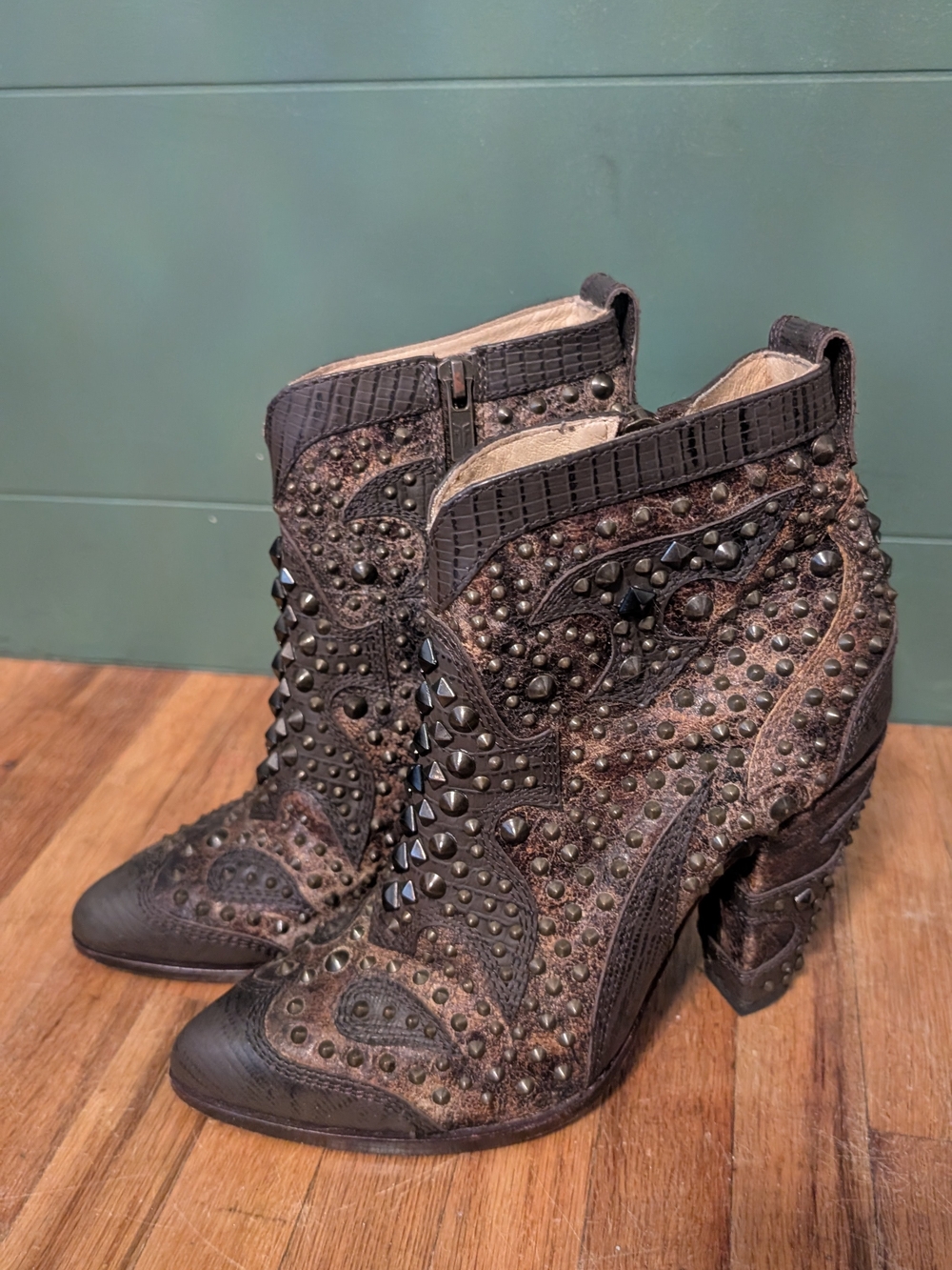 Frye Brown Studded Western Ankle Boots